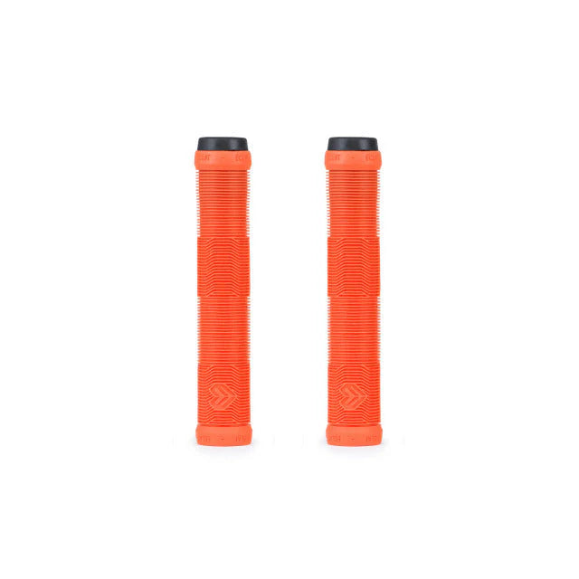 Pair of Éclat Pulsar BMX grips, bright orange color, with a ribbed design and black bar ends, shown side-by-side.