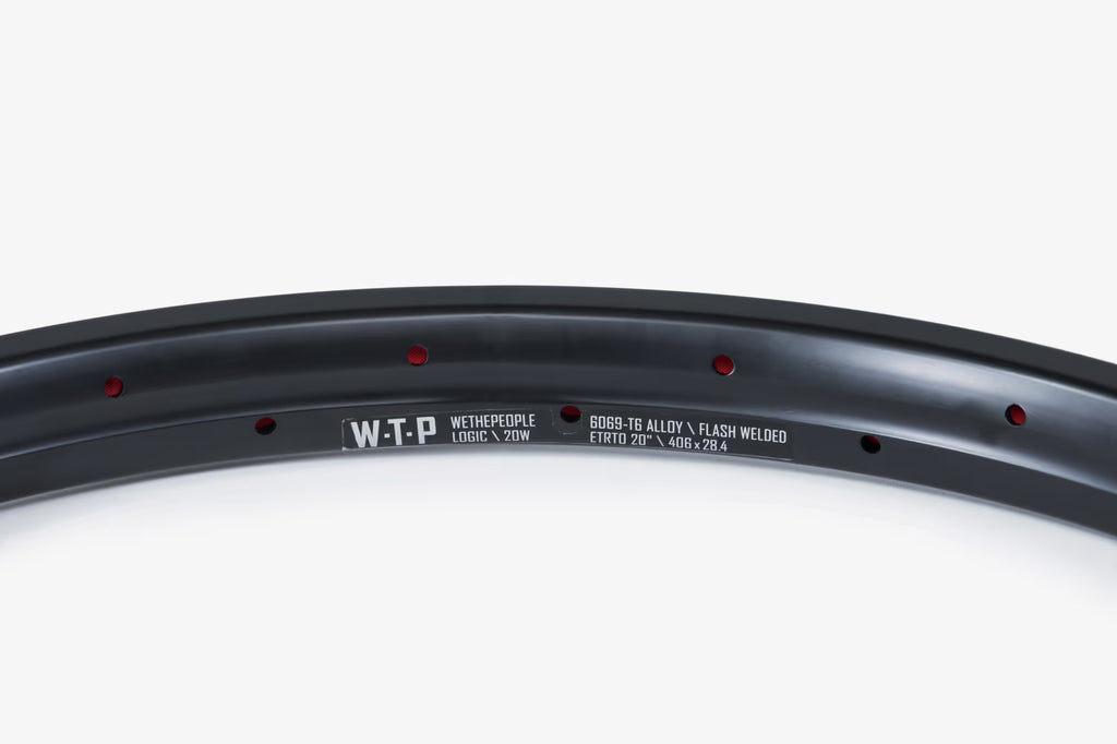 Wethepeople Logic 20W BMX rim, black 6069-T6 alloy, flash welded with ETRTO 20" 406x28.4 specifications. 