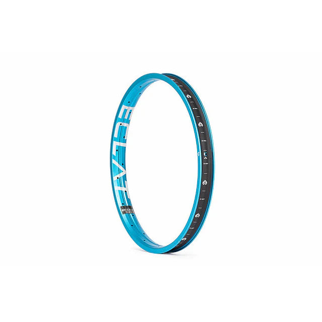 Éclat Bondi straight-wall BMX rim in cyan blue finish, angled view showing the bold ÉCLAT sidewall logo and internal graphics/markings on the rim bed.