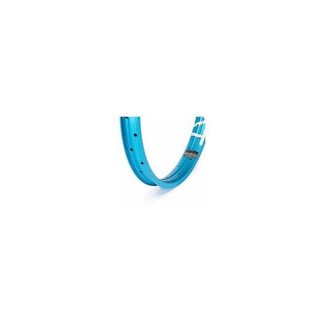 Close-up internal view of the Éclat Bondi straight-wall BMX rim in cyan blue, showing the spoke holes and the 6061-T6 alloy decal.