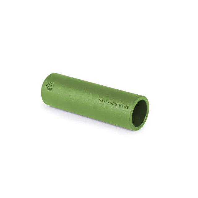 Green cylindrical object with text on a white background