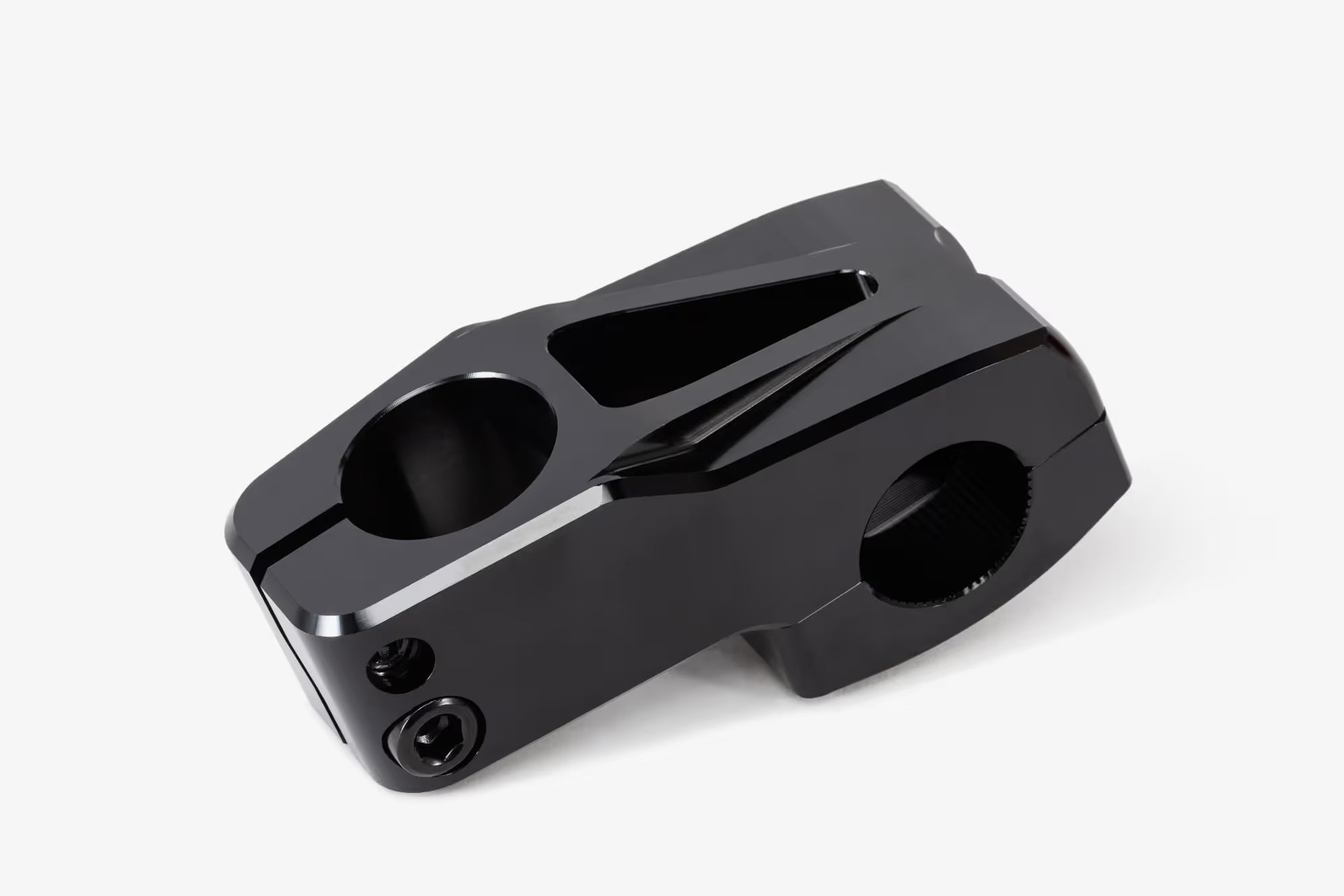 Black anodized aluminum bicycle stem shown from above, featuring WeThePeople branding, multiple hex bolt mounting points, and a hinged clamp design for handlebar attachmen