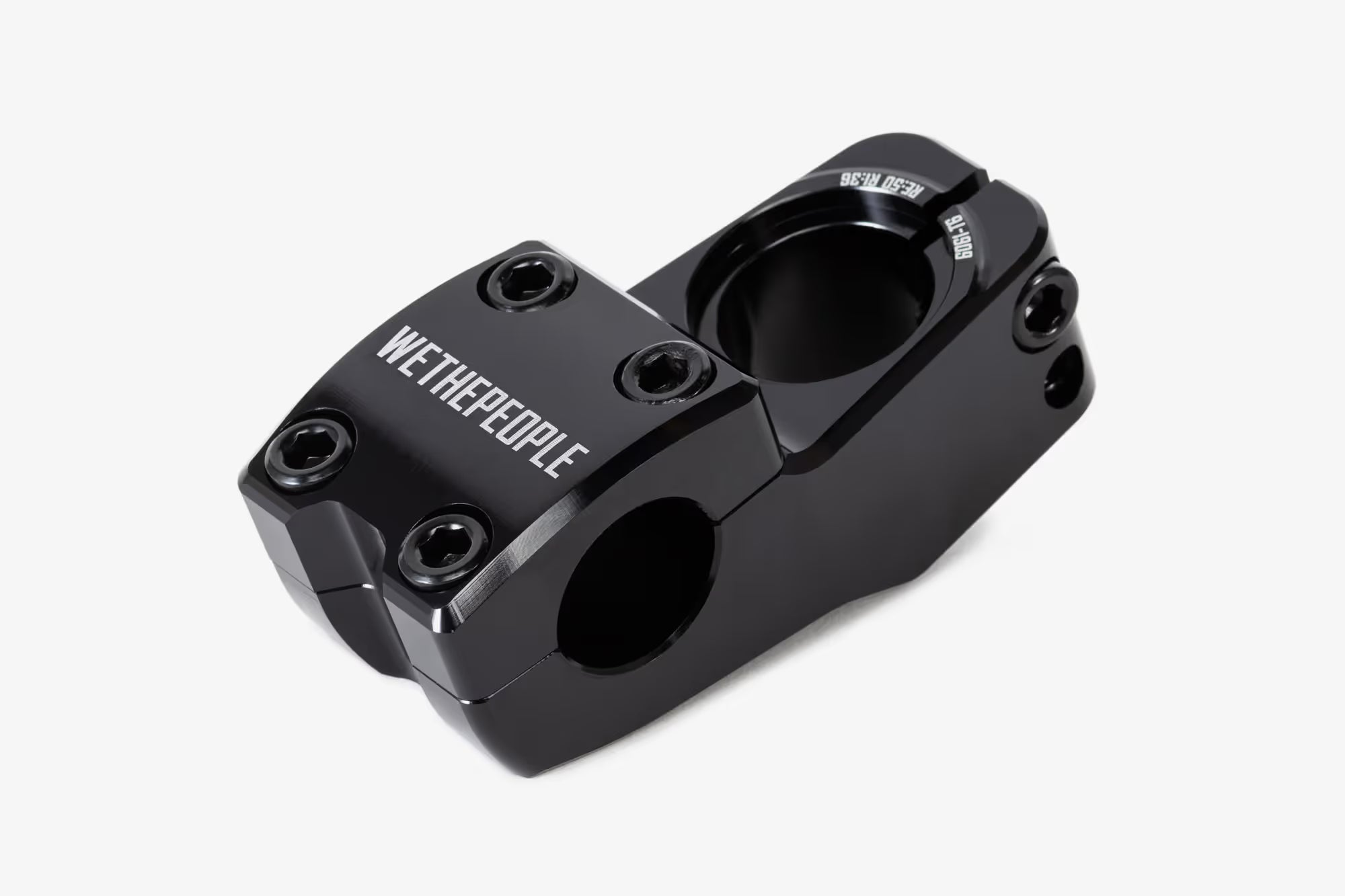 Black anodized aluminum bicycle stem shown from above, featuring WeThePeople branding, multiple hex bolt mounting points, and a hinged clamp design for handlebar attachmen