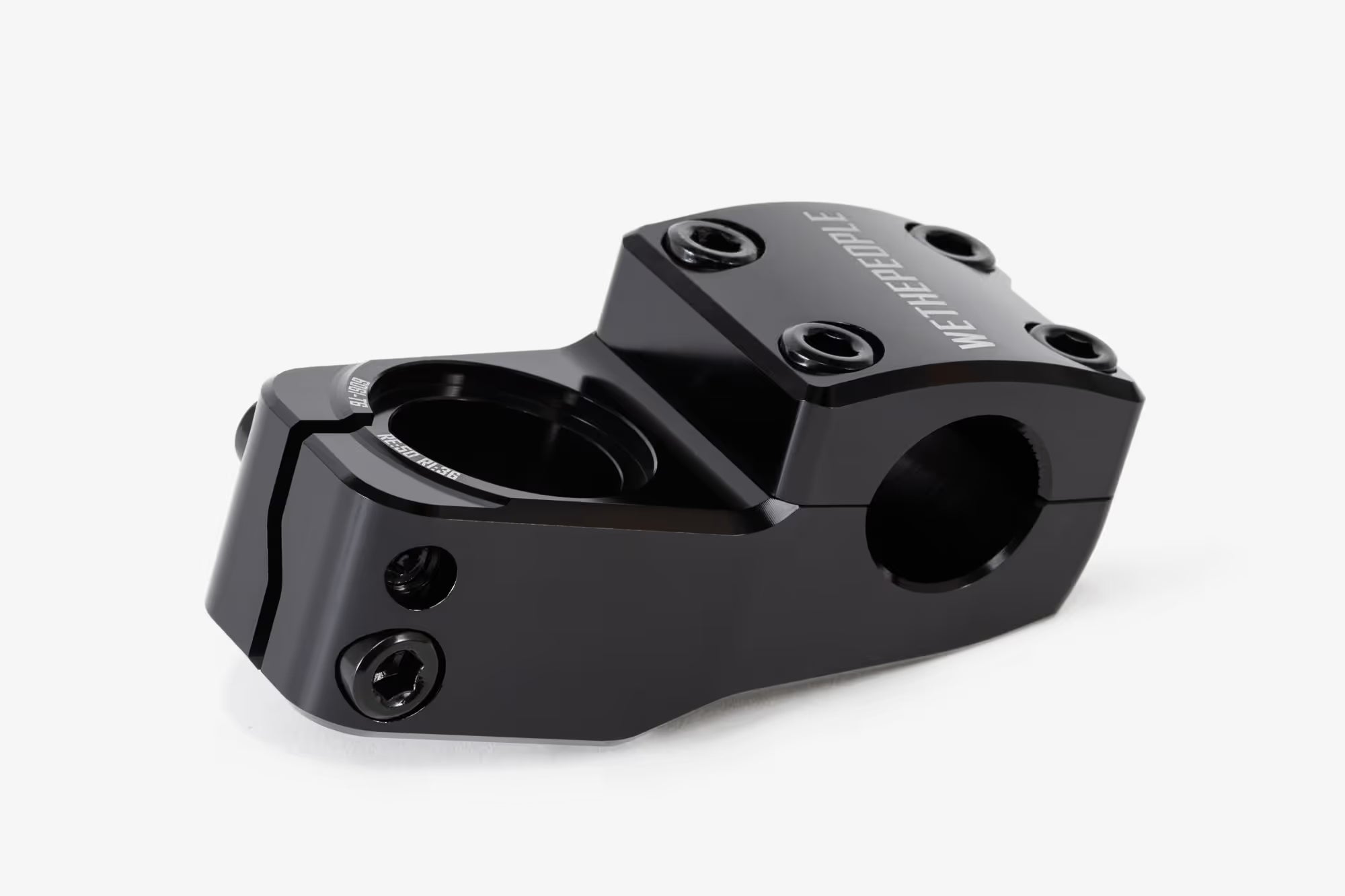Black anodized aluminum bicycle stem shown from above, featuring WeThePeople branding, multiple hex bolt mounting points, and a hinged clamp design for handlebar attachmen