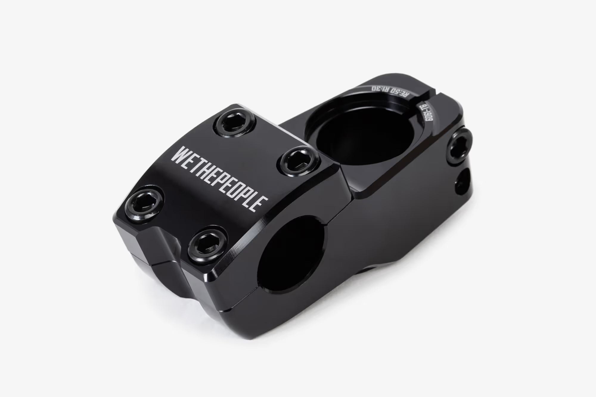 Black anodized aluminum bicycle stem shown from above, featuring WeThePeople branding, multiple hex bolt mounting points, and a hinged clamp design for handlebar attachmen