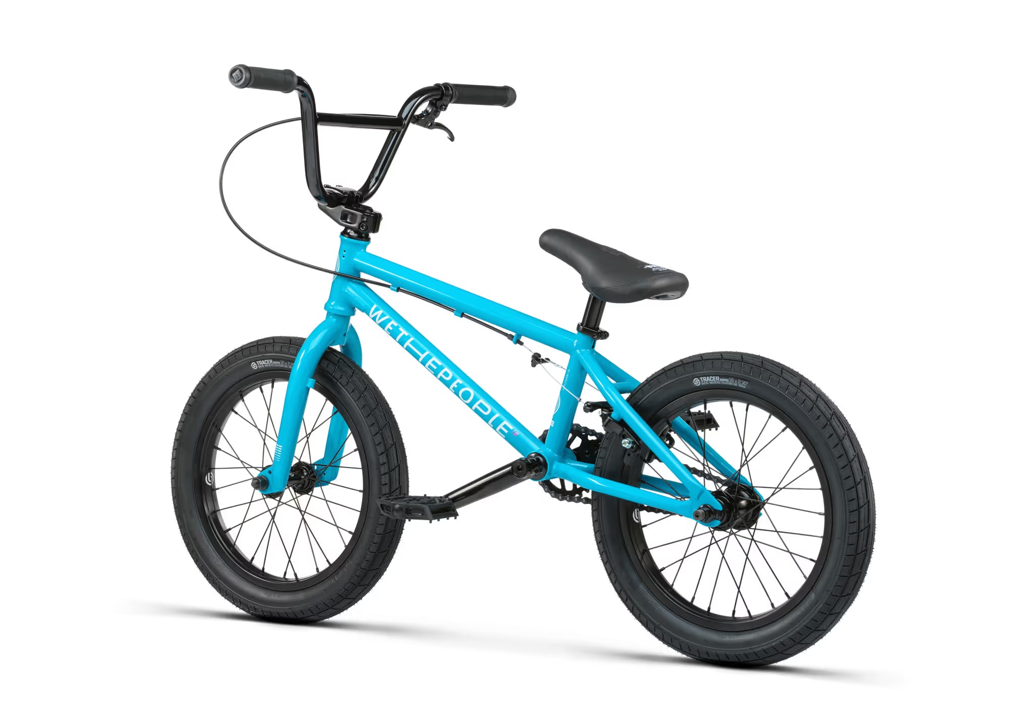 Blue bicycle with black seat and tires on a white background