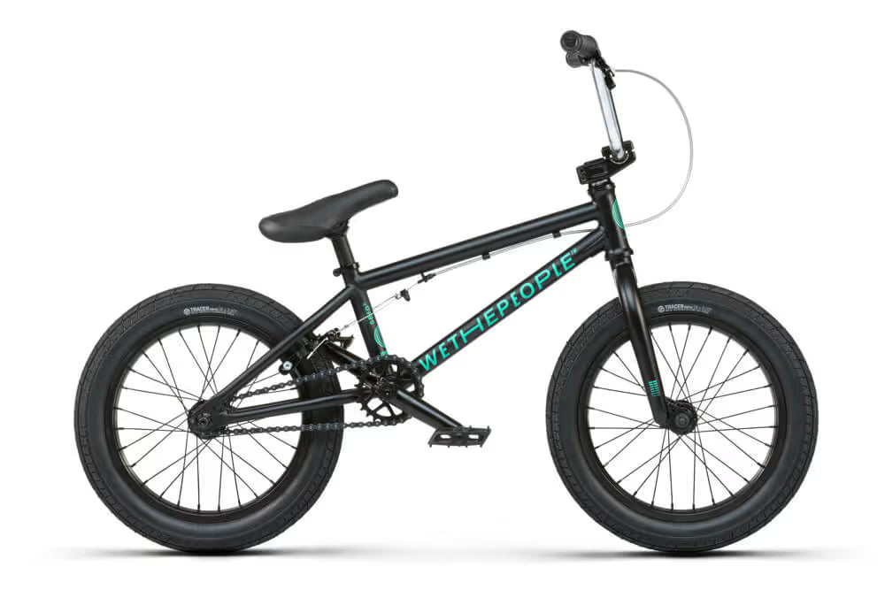Black bicycle with teal lettering on a white background