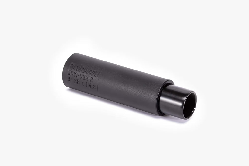 Wethepeople (WTP) Temper BMX Peg, black, showing the removable nylon sleeve partially slid off the inner metal core, highlighting the etched specifications.