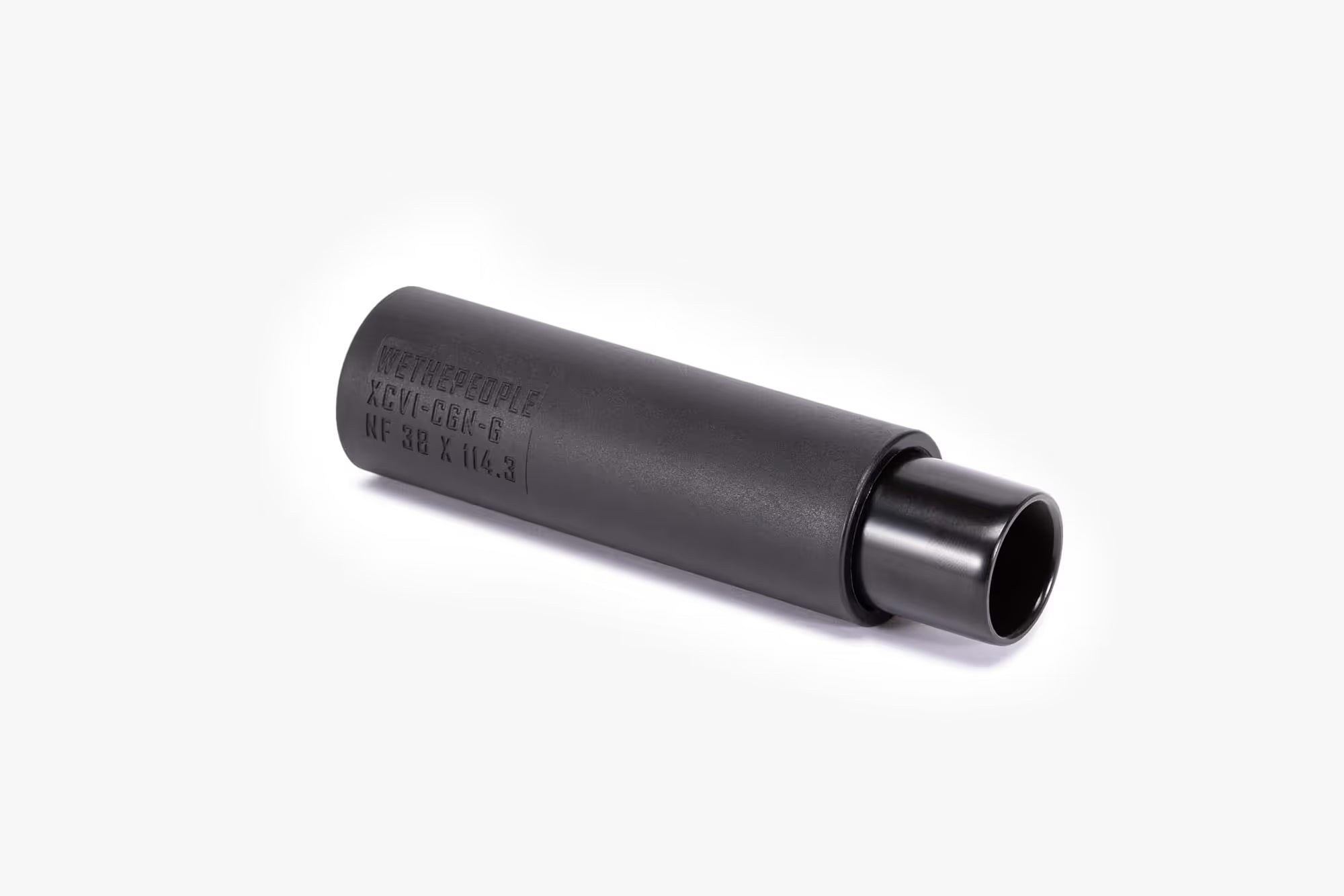 Wethepeople (WTP) Temper BMX Peg, black, showing the removable nylon sleeve partially slid off the inner metal core, highlighting the etched specifications.