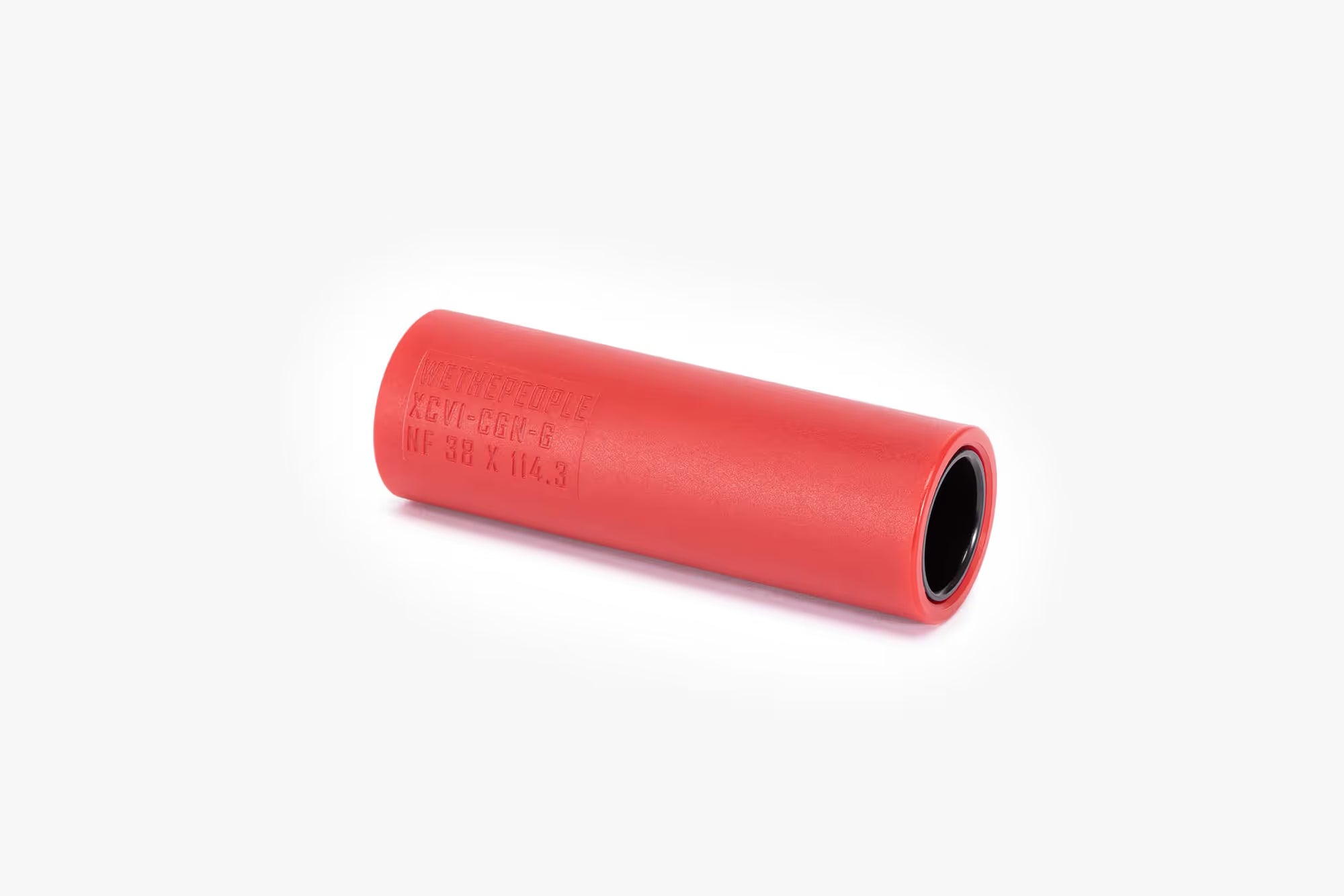 Wethepeople (WTP) Temper BMX Peg, vibrant red nylon sleeve shown partially covering the inner core, highlighting the etched specifications and dimensions (38 x 114.3).