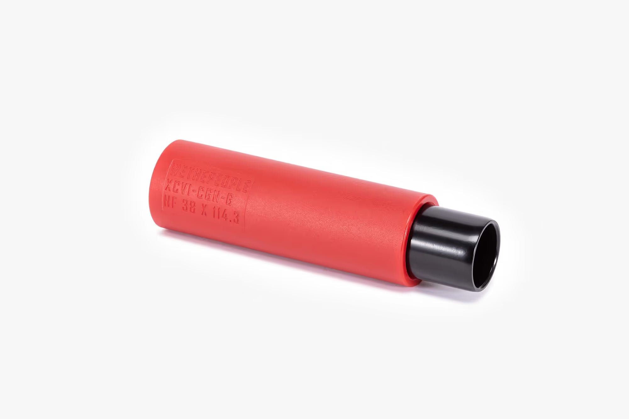 Wethepeople (WTP) Temper BMX Peg, vibrant red nylon sleeve shown partially slid over the black inner core, highlighting the laser-etched specifications and dimensions.