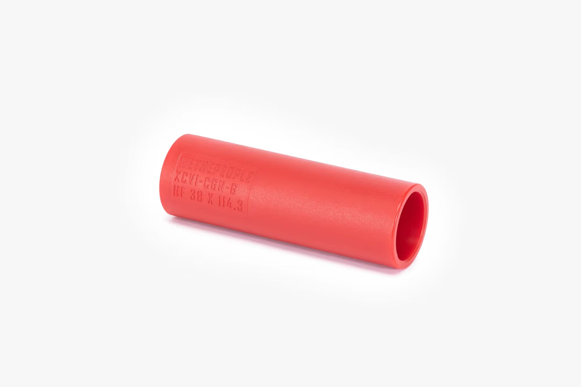Red WeThePeople 'Temper' BMX peg replacement sleeve with visible text 'XCVI-CGN-B NF 3B X 114.3' on a white background