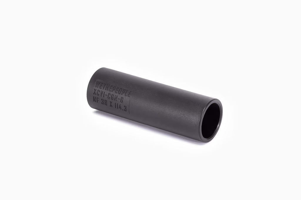 Wethepeople (WTP) Temper BMX Peg, black, shown with the nylon sleeve partially covering the core, highlighting the etched specifications and dimensions (38 x 114.3).