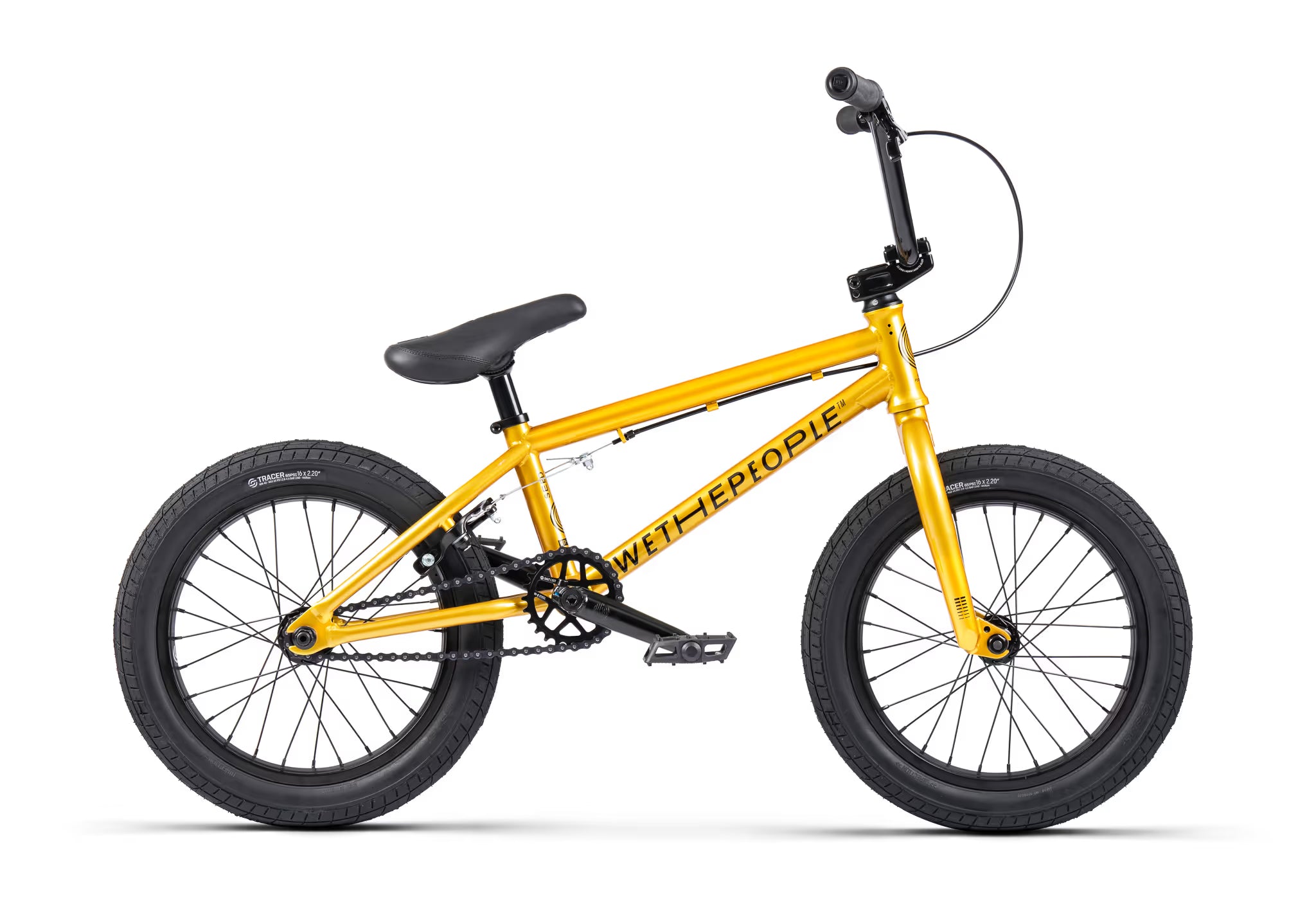 Yellow bicycle with black seat on a white background