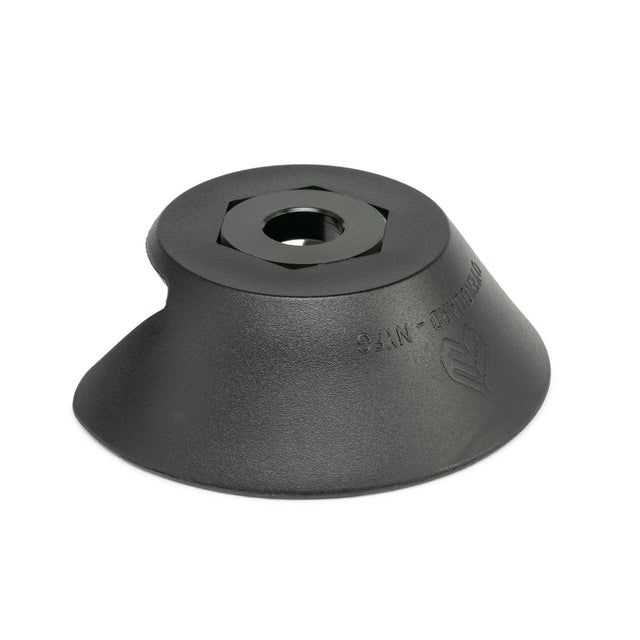 Éclat Overguard Front Hub Guard (OGFC), black nylon, angled view showing the cutout for hub flange clearance and axle nut fitting.