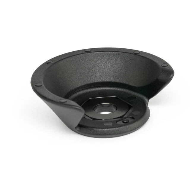 Éclat Overguard Front Hub Guard, black nylon/plastic, angled view showing the inner curve and the hub axle hole.