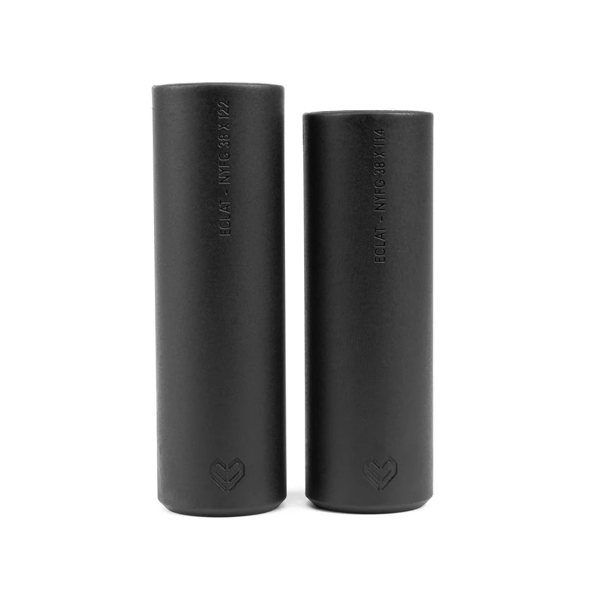 Two black cylindrical products with branding on a white background