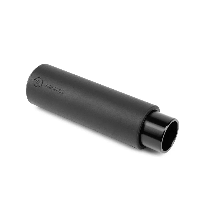 Black cylindrical object with a brand logo on a white background