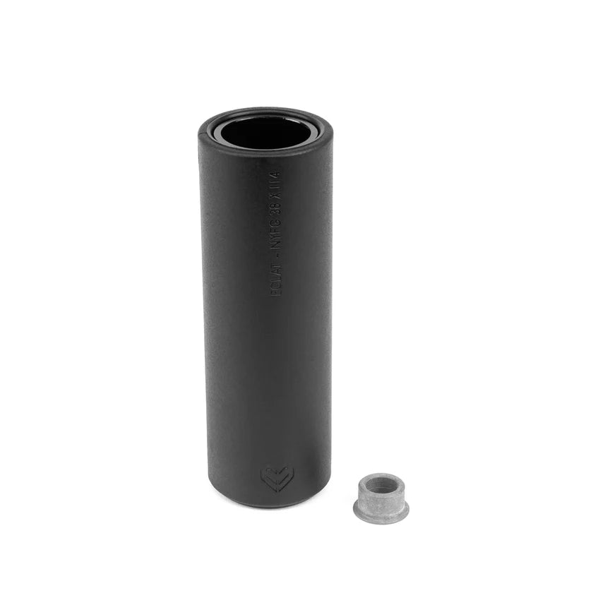 Black cylindrical object with a smaller component on a white background