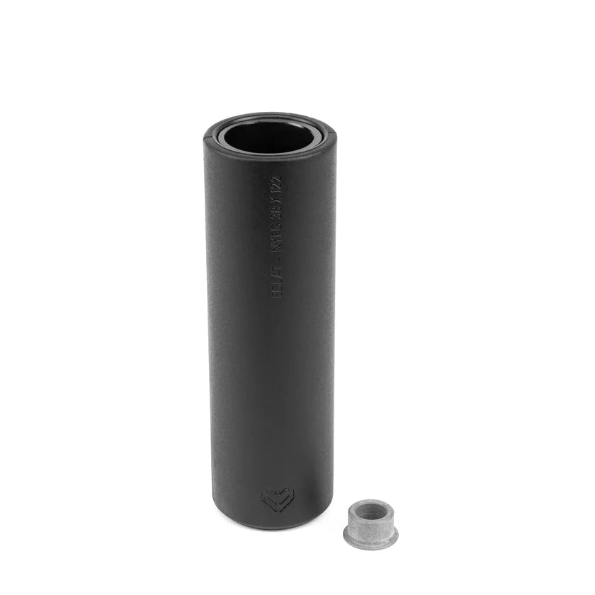 Black cylindrical object with a smaller component on a white background