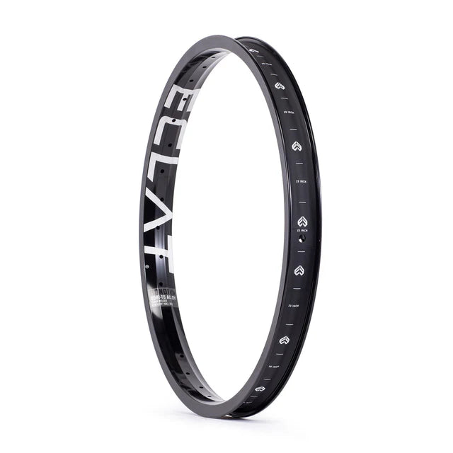 Éclat Bondi straight-wall BMX rim, all-black finish, angled view showing the bold ÉCLAT sidewall logo and internal graphics on the rim bed.