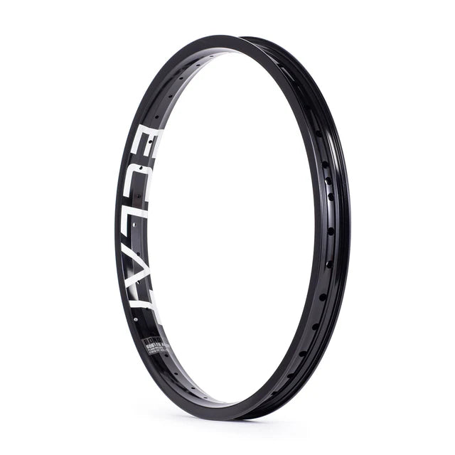 Éclat Bondi straight-wall BMX rim, all-black finish, angled view showing the large ÉCLAT sidewall logo and spoke nipple holes.