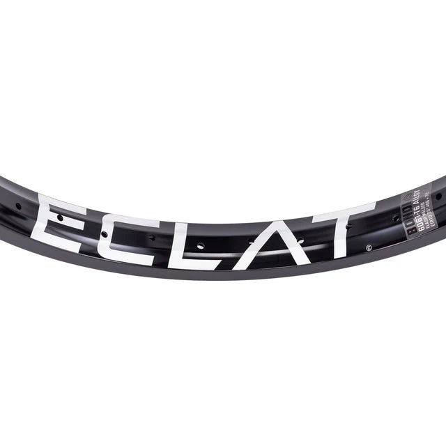 Close-up top view of the Éclat Bondi straight-wall BMX rim in black, highlighting the bold white ÉCLAT logo and the technical specifications decal.
