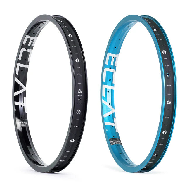 Pair of Éclat Bondi straight-wall BMX rims, comparing the black finish on the left with the cyan blue finish on the right.
