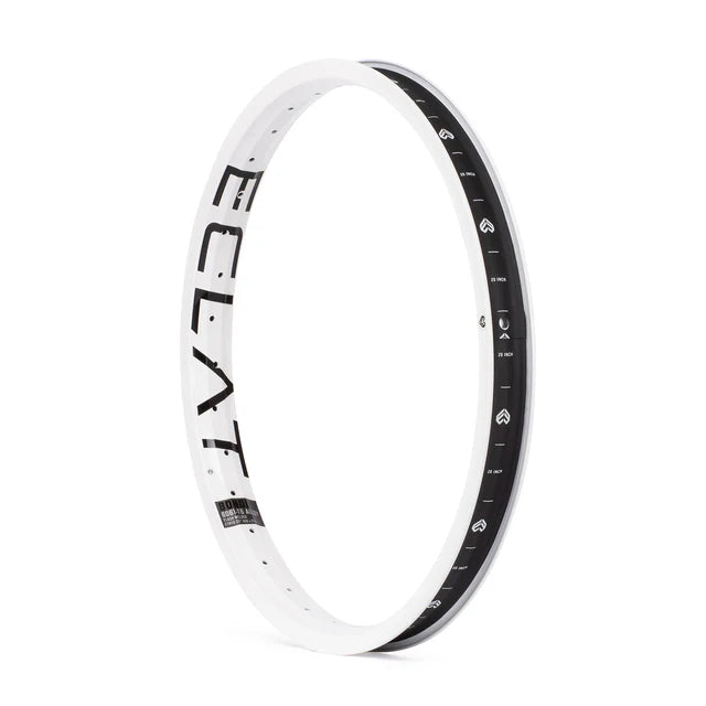 Éclat Bondi straight-wall BMX rim, white finish, angled view showing the large ÉCLAT sidewall logo and internal graphics/markings on the rim bed.