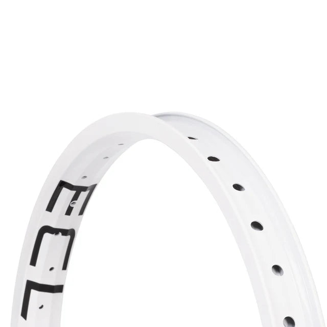 Close-up view of the Éclat Bondi straight-wall BMX rim in white, highlighting the ÉCLAT sidewall logo and spoke nipple holes.