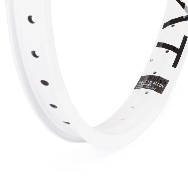 Close-up of the Éclat Bondi straight-wall BMX rim in white, focusing on the decal with 6061-T6 alloy material and Flash Welded construction details.