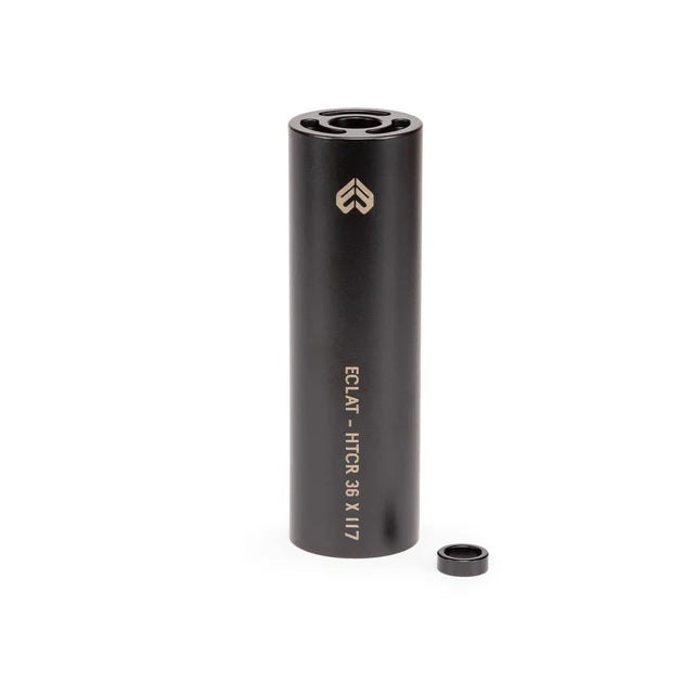 Éclat Dura BMX Peg, black, shown with the anti-rotation washer detached, highlighting the HTCR 4140 steel construction and size markings.