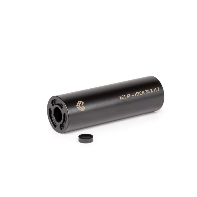 Éclat Dura BMX Peg, black, angled view showing the open end, the laser-etched specifications, and the small anti-rotation washer beside it.