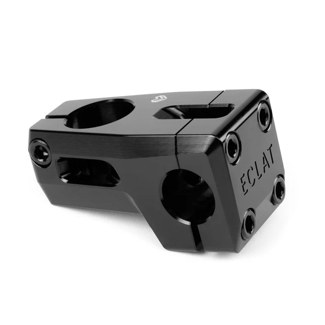 Close-up, assembled view of the Éclat Felix front load BMX stem, black, highlighting the ÉCLAT logo on the faceplate.