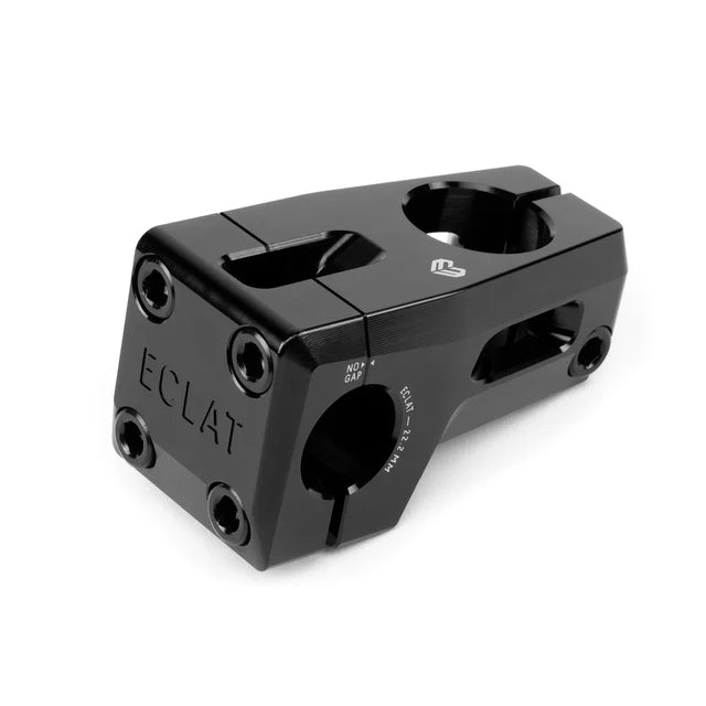 Éclat Felix front load BMX stem, black, front view showcasing the ÉCLAT branding and four faceplate bolts.