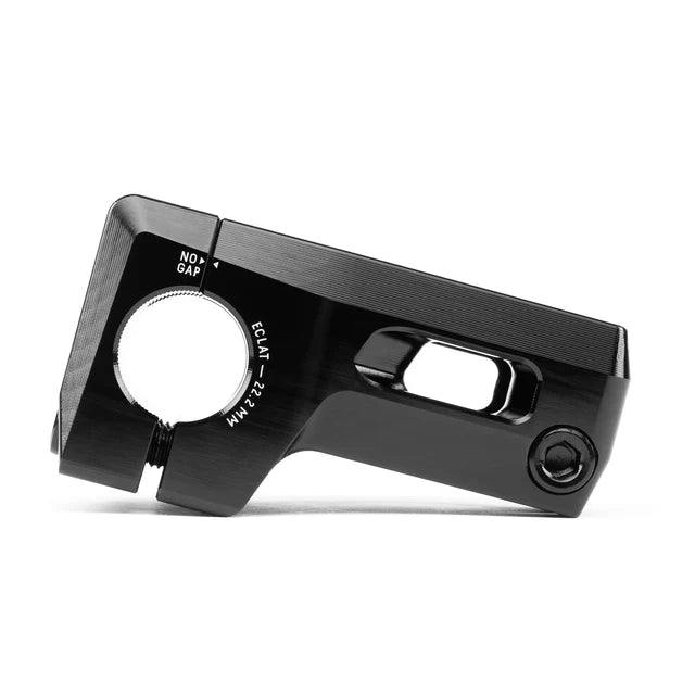 Éclat Felix front load BMX stem, black, side view showcasing the 22.2mm bar clamp and NO GAP feature.