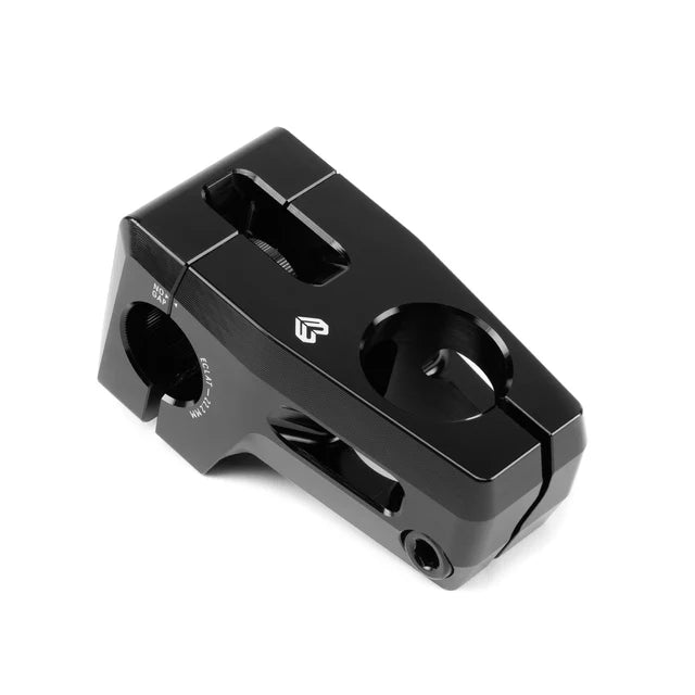 Top angle view of the Éclat Felix front load BMX stem in black, showcasing the internal hollowed-out section for weight reduction.