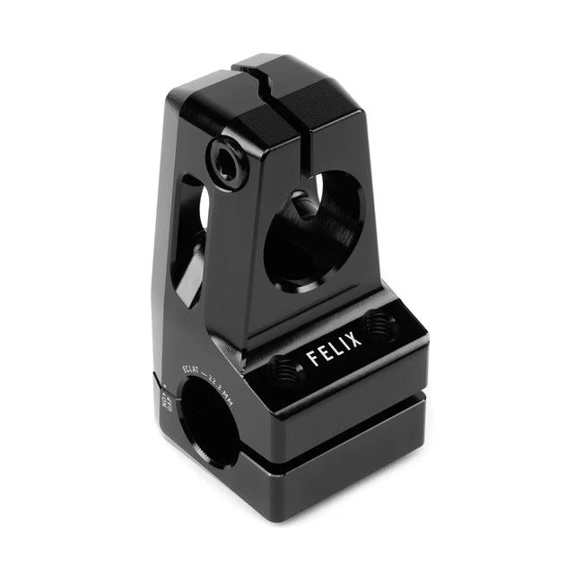 Rear angled view of the Éclat Felix front load BMX stem, black, featuring the bold 'FELIX' logo and the steerer tube clamp section.