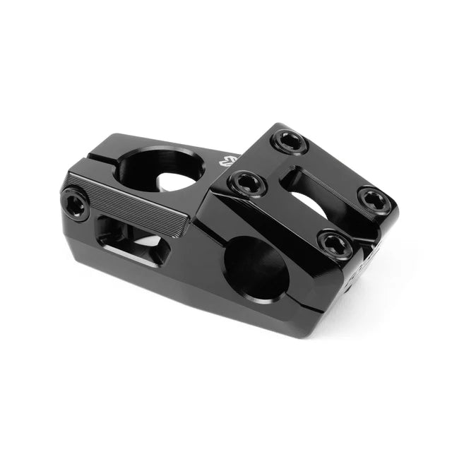 Assembled view of the Éclat Felix top load BMX stem, 22.2mm, black, showing the bar clamping area and the bolts.