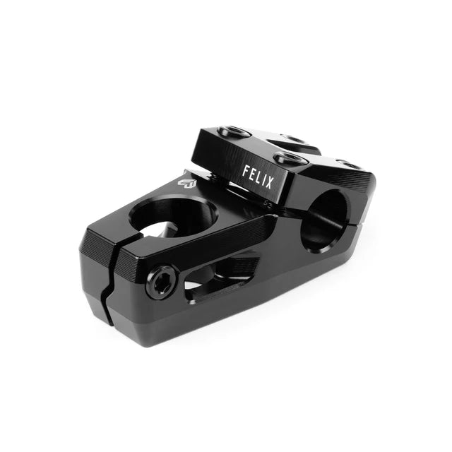 Éclat Felix top load BMX stem, 22.2mm, black, angled view showing the 'FELIX' logo on the faceplate and the steerer tube clamp bolt.