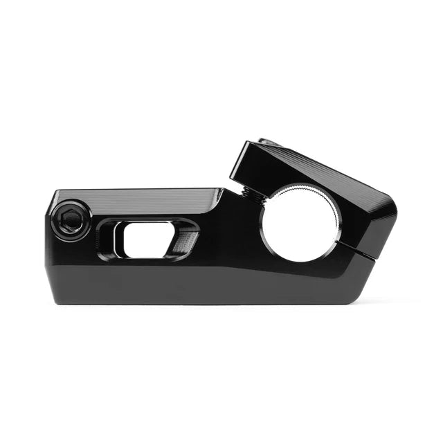 Side view of the Éclat Felix top load BMX stem, 22.2mm, black, highlighting the hollowed-out design for weight savings and the single steerer tube clamp bolt.