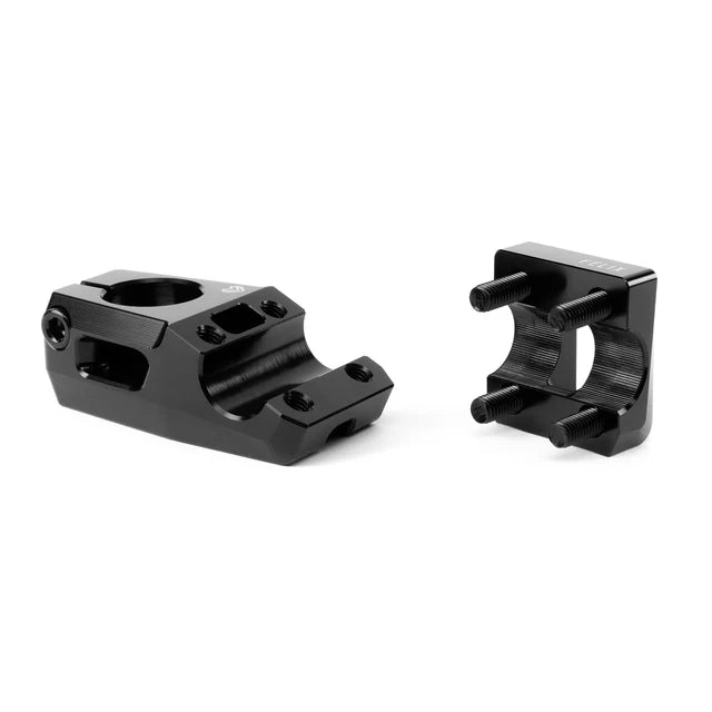 Éclat Felix top load BMX stem, 22.2mm, black, shown disassembled with the main body on the left and the faceplate with four bolts on the right.