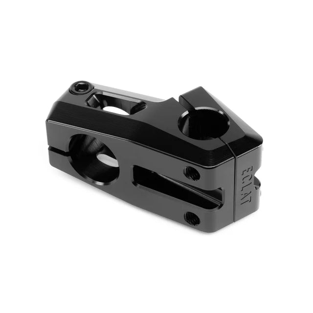 Éclat Felix top load BMX stem, 22.2mm, black, angled rear view showing the steerer tube clamping area and the vertical ÉCLAT logo.
