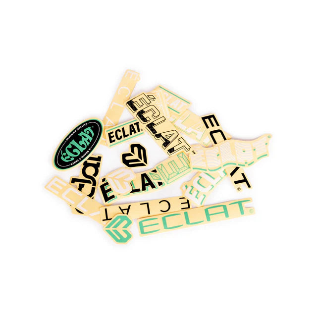 Éclat BMX Frame Sticker Pack, showing a collection of assorted Éclat logos and graphics, primarily in black, green, and white.