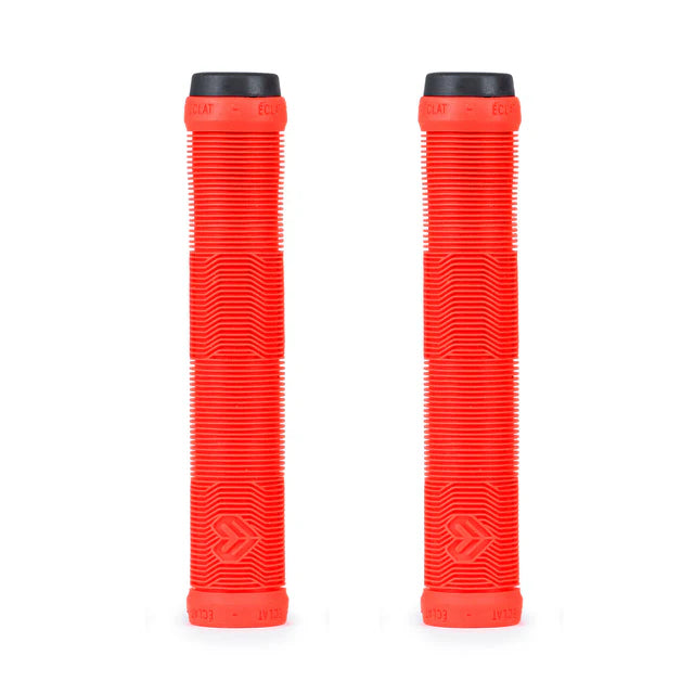 Pair of Éclat Pulsar BMX grips, neon red color, with a ribbed tread pattern and black bar ends, shown side-by-side.