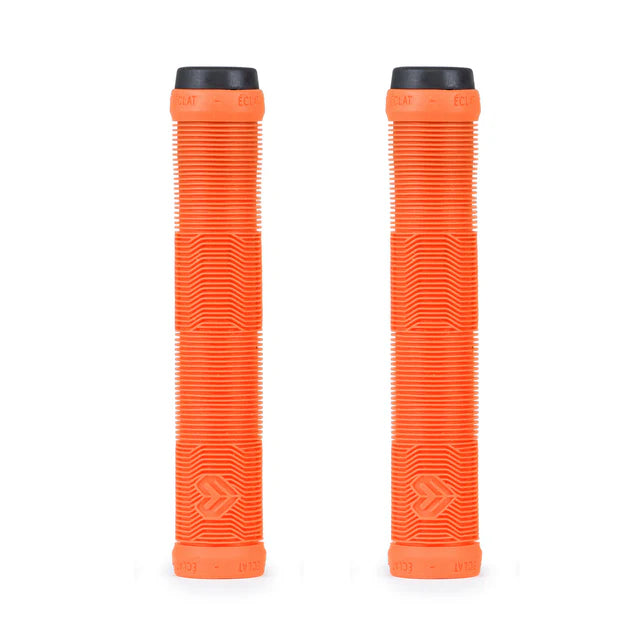 Pair of Éclat Pulsar BMX grips in a vibrant orange color, featuring a ribbed tread pattern and black Éclat bar ends.