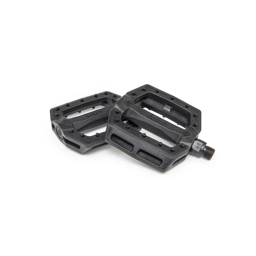 Pair of black bicycle pedals on a white background