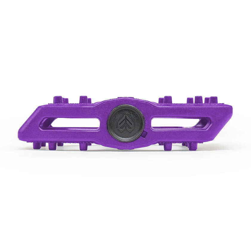 Purple bike pedal with a black center on a white background