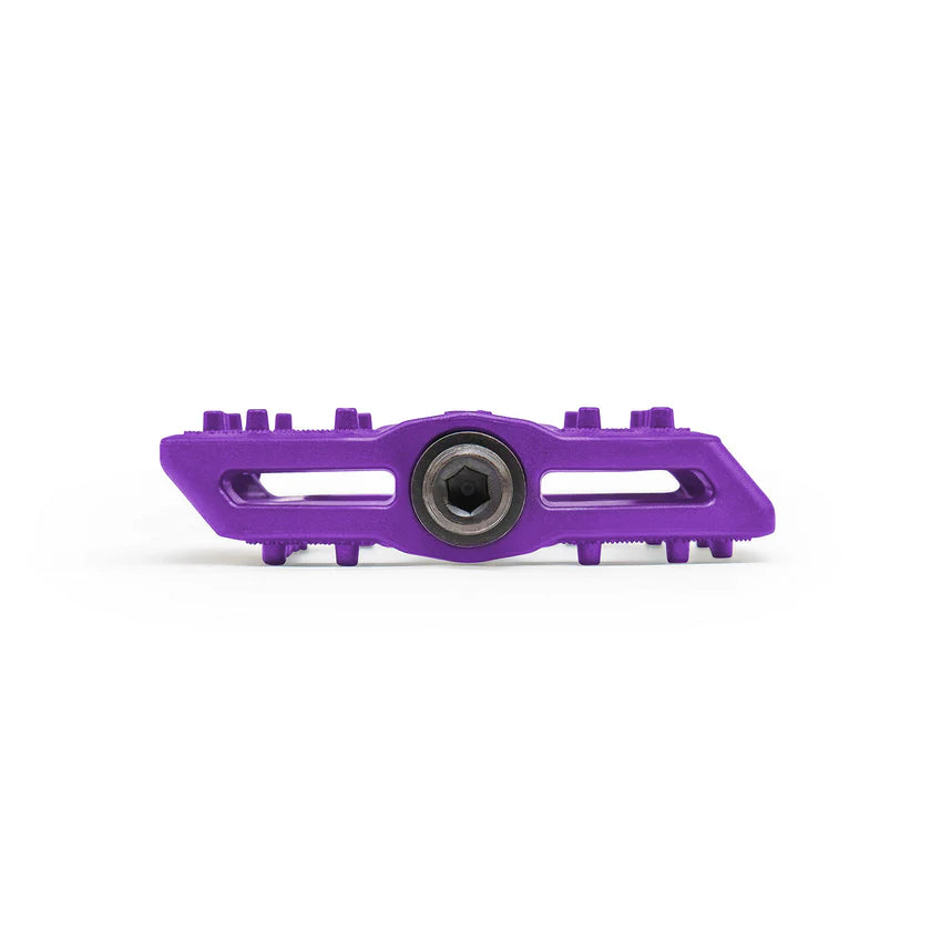 Purple metal component with a central bearing on a white background
