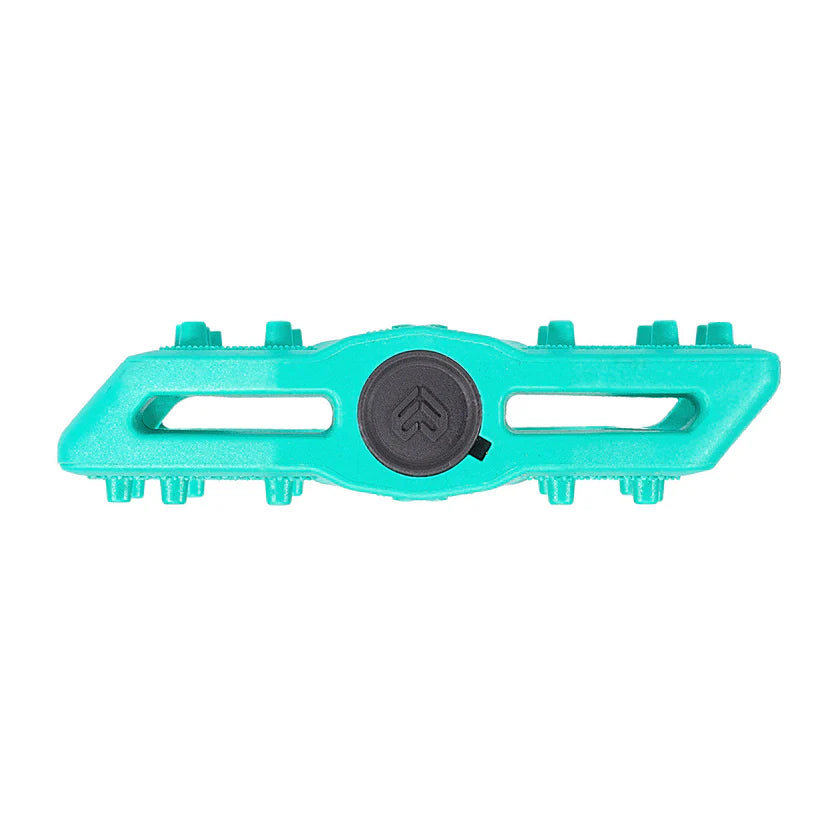 Turquoise bike pedal with a black center on a white background